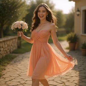 DONNA MORGAN Tube Dress | Coral Strapless 100% Silk Cinched Top Chiffon Mini